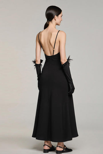 Simple Black Satin A Line Spaghetti Straps Long Formal Dress
